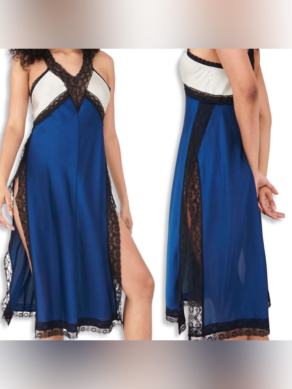 Free People Tri Me Blue and White Lace-Trim Slip Dress